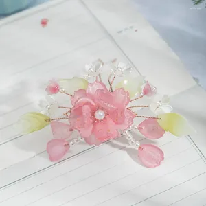 Saç klipsleri pembe çiçek klip Çin saç tokası peri u şeklinde tiaras kadınlar için klasik hanfu başlık vintage düğün takı hediyesi