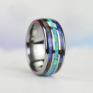 Anéis de casamento Personalidade Banda de cor prata 8mm Casca de abalone exclusiva e Opal Inclaides de anel de aço inoxidável para homens para homens Mulheres caseiras