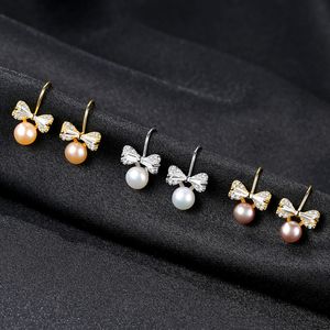 Korean Luxury Freshwater Pearl Shiny Zircon Bow Stud Earrings Fashion Sweet Women s925 Silver Earrings Plated 18k Gold High grade Jewelry Gift