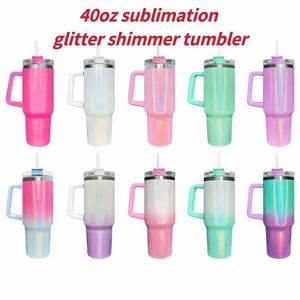 40oz Sublimation Glitter Tumbler with Handle Shimmer Tumbler Stainless Steel big capacity Beer Mug Insulated Travel Mug Travel Coffee Mug for DIY DHL