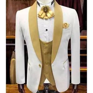 Erkekler Suits Blazers Beyaz ve Altın Düğün Smokin Smoadsmen için Şal Yüzü Sigara İçiyor Erkekler 3 Parça Erkek Moda Seti Ceket Yelek Pantolon 230404