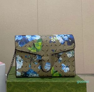 Denim Crossbody Bag Flap Messenger Purse Lady Handtasche Geldbörse Blue Flower Print Echtes Leder Schlangenkopf Dekoration Kette Umhängetaschen Clutch