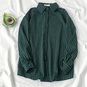 Women's Blouses Shirts Autumn Vintage Stripe Long Sleeve Women's Shirt Korean Street Clothing Vintage Button Top Women's Fashion Green Top 230404