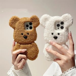 Handyhülle Japanische super süße 3D große Ohrstöpsel Teddy Hundefell warme Hände Paar iPhone 15Pro Max 11 12 13 14 XR Cartoon Cover 231104