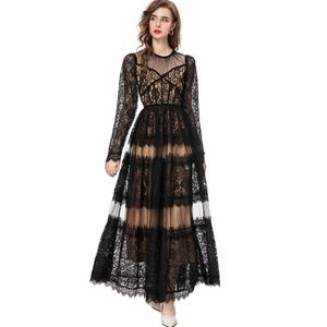 Women's Runway Dresses O Neck Long Sleeves Tiered Lace Layered Elegant Vestidos Party Prom Gown