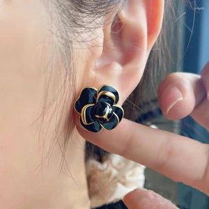 Stud Earrings 2023SS French Black Drop Glaze Enamel Stereoscopic Camellia 925 Silver Needle Women's Vintage Charm Temperament Jewelry