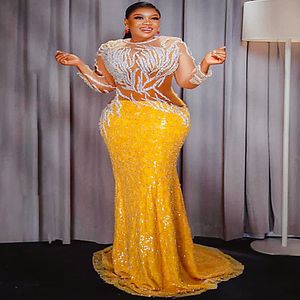 2023 Nov Aso Ebi Árabe Sereia Amarelo Vestido de Baile Renda Frisada Noite Formal Festa Segunda Recepção Aniversário Vestidos de Noivado Vestidos Robe De Soiree ZJ045