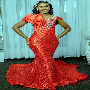 2023 Nov Aso Ebi Arabic Mermaid Red Prom Dress Sequined Lace Crystals Evening Formal Party Second Reception Birthday Engagement Gowns Dresses Robe De Soiree ZJ047