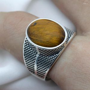 Cluster Rings Tiger Eyes Stone For Men Jewelry Gift 925 Sterling Silver Big Natural Vintage Punk Ring Thai Turkish Male