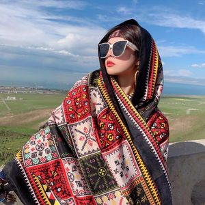 Шарфы Хлопковый и льняной шелковый шарф с принтом Приморский летний солнцезащитный платок Богемный пляжный женский тюрбан