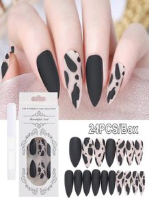 FALSE NAILS 24PCSBOX Black Matte Leopard Nail Tips Stiletto Cow Pattern Fake With Lim Full Cover Girls Art Accessory6995652