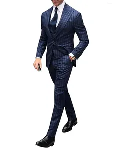 Mäns kostymer en knapp Pinstripe Suit Peaked Lapel Jacket Tux Vest Trousers Dress