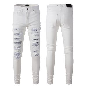 Moda casual zíper reto mosca lavado branco fino ajuste elástico buraco remendo jeans masculino