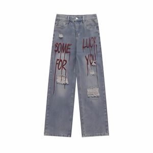 Mens Jeans Blue Punk Baggy for Men Straight Leg Overized Pants Letter Print Streetwear Y2K Vintage Hip Hop Ripped Denim Trousers 230404