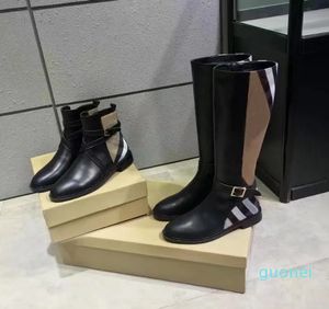 Herbst Winter Kurze Stiefel Frau Rindsleder Metall Gürtelschnalle Designer Schuh Hoher Lauf Langer Stiefel 100% Leder Dame Mode Stoff Damen Schuhe Große Größe