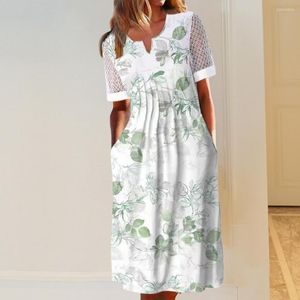 Freizeitkleider Sommerkleid Hohl Kurze Ärmel Midi Blumenmuster A-Linie