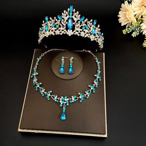 Necklace Earrings Set Baroque Wedding Sky Blue Crystal Crown Earring Rhinestone Tiara For Birthday Party Bridal Bijoux Femme