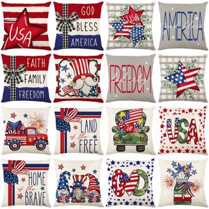 4th of July Patriotic Linen Throw Pillow Case 18x18 Memorial Day USA Flag Gnome Vases Truck Decorations for Home