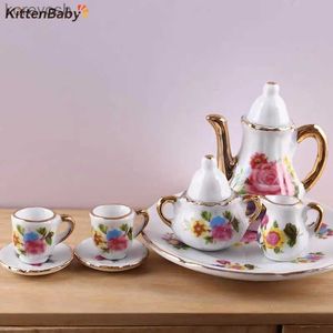 Kitchens Play Food 6Pcs 1/12 Dollhouse Miniature Accessories Ceramics Tea Set Kitchen Simulation Kettle Plate Cup Model Toys Doll House DecorationL231104