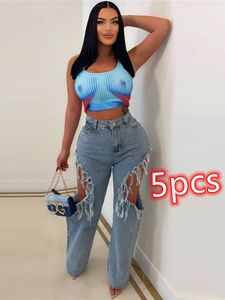 2024 Designer Baggy Ripped Jeans Women Fashion Loose Wide Leg High Waist Straight Pants Y2k Washed Blue Denim Trousers Bulk Wholesale Clothes Streetwear 9646