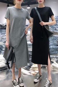 Abiti casual WYWMY 2023 Summer T Shirt Dress Donna Beach Boho Elegante Allentato Nero Grigio Fessura Midi Vestito estivo Donna Abiti