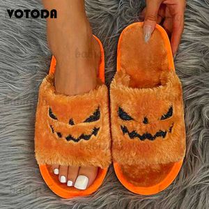 Vinterkvinnor Furry Shoes Pumpkin Halloween Gray Bat Slippers Flat House Warm Plush Slides Open Toe Non-Slip Flip Flops T231104