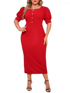 Sıradan elbiseler büyük boyutlu zarif kadınlar çalışma elbise puflu kol kare boyun ofisi ince bodycon femme robe kırmızı vestidos midi bayan parti için