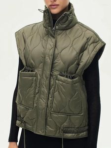 Gilet da donna Giubbotti trapuntati senza maniche Colletto alla coreana Tasche applicate sul davanti Gilet ampio con zip Capispalla femminile Capispalla vintage Autunno