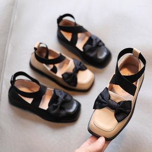 Flat Shoes 2023 Style Girls Retro Cross-tied Elastic Band Leather Square Toe Butterfly Princess Big Kids