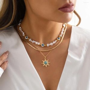 Ketten 3 teile/satz Ethnische Sonnenblume Grün Stein Anhänger Halskette Frauen Vintage Imitation-Perle Teufels Auge Perlen Kragen