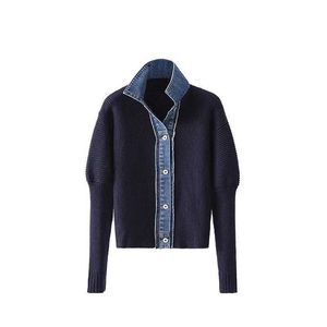 Giacca da maglione di moda coreana Spring Autumn denim patchwork cardigan collare a turno a pezzi a petto monoccia