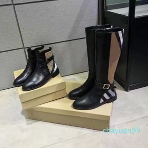 Autumn winter Short boots woman cowhide Metal Belt buckleshoe Tall barrel long boot 100% Leather lady cloth women shoes Large size 35-41-42 With box