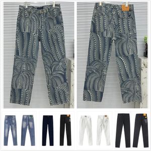 Mens Jeans Digner Jeans staplade jeans män stretch tyg cyklist trend rakt lapp broderi canvas tryckt denim dubbel sida gammalt blomma fartyg hål a2