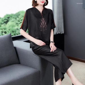 Kvinnors tvåbitar byxor zuo man ru 2023 våren och sommaren kort ärm Silk Satin Set Black Loose Large Pullover Top Slim Wide Leg