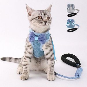 Kedi kostümleri sevimli koşum takımı ve tasma seti naylon bowknot kedi yeleği 120cm yürüyüş kurşun yavru kediler için yumuşak örgü ayarlanabilir