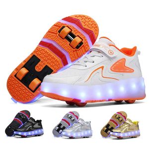 Athletic Outdoor Sneakers Skate Led Shoes For Kids Boys Girls Children Light Up Sports Glowing Four Wheels Roller Luminous USB Laddning Blinkande P230404