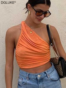 Women's Tanks Camis Sexy One Shoulder Crop Top Ruched Short Tank Top Women Summer Top Y2K Sleeveless Shirts Camisole White Black Green Orange P230322