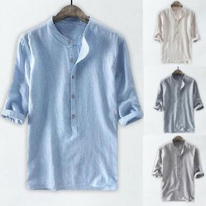 Men's T -skjortor 2023 Autumn Plus Size Shirt Men Pure Cotton Line Button Pocket Stand Neck Kort ärmar Stora toppar Boho Style SD