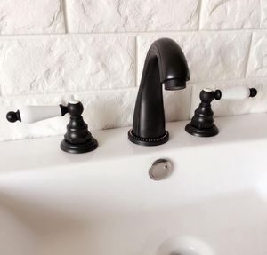 Rubinetti per lavandino del bagno Bronzo lucidato a olio Due manopole a leva in ceramica Rubinetto per lavabo diffuso e rubinetto per acqua fredda Montaggio su piano 3 fori Dhg062