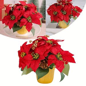 Fiori decorativi 1 pz Natale falso Poinsettia Bouquet di fiori Ornamenti da tavolo in vaso Ornamento di Natale artificiale Decorazioni per la casa