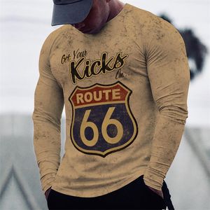 Herren T-Shirts T-Shirts Langarm 3D-Druck Top Lässige Baumwolle Vintage T-Shirt Route 66 T-Stück Lose Sport Oneck Kleidung 5XL 230404