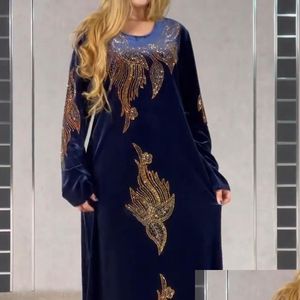 Roupas étnicas Plus Size Veet Vestidos de Noite para Mulheres 2021 Inverno Manga Longa Kaftan Maxi Vestido Abaya Dubai Turquia Muçulmano Africano Dhglr