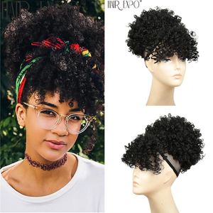 Perucas sintéticas alta puff afro crespo cacheado sintético rabo de cavalo com franja curto chignon clipe de cabelo com cordão para preto e branco feminino 230403