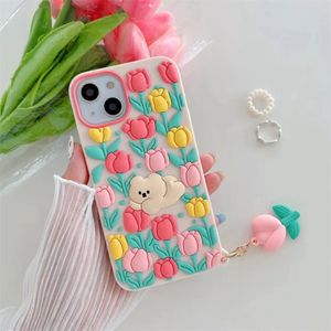 電話ケース韓国の3Dクマの花のシリコーンソフトiPhone11 14 Pro Max 12 13 Luxury Cute with Keychain 231104