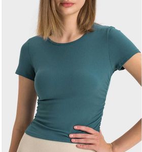 lu-374 Yoga Top Striped Rib Micropleated Waist Retractor Short Sleeve Sport Shirt High Stretch Nude Fit Slim Yoga T-shirt