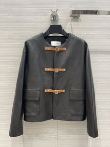 Черная высококачественная кожаная крупная карманная круглая шейка женская короткая куртка