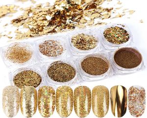 8 Boxset Specchio Nail Art Glitter Polvere Polvere Olografica Lamina d'oro Fiocchi Cerchio Paillettes Manicure Unghie Decorazione6646394