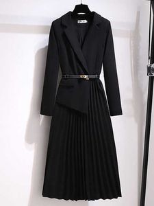 New Vintage Pleated Belt Patchwork One Piece Blazer Dress Women Elegant Office Ladies Long Sleeve Notched Female Autumn Midi Vestido