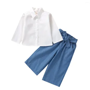 Kläder sätter flickor avslappnade tre-stycken kläder set vit fast färgskjorta elastiska midje jeans och midjeband 18 månader-6 år härlig /