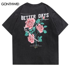 メンズTシャツが苦しんでいるTシャツストリートワールヒップホップフローラルローズレタープリントヴィンテージTシャツ男性